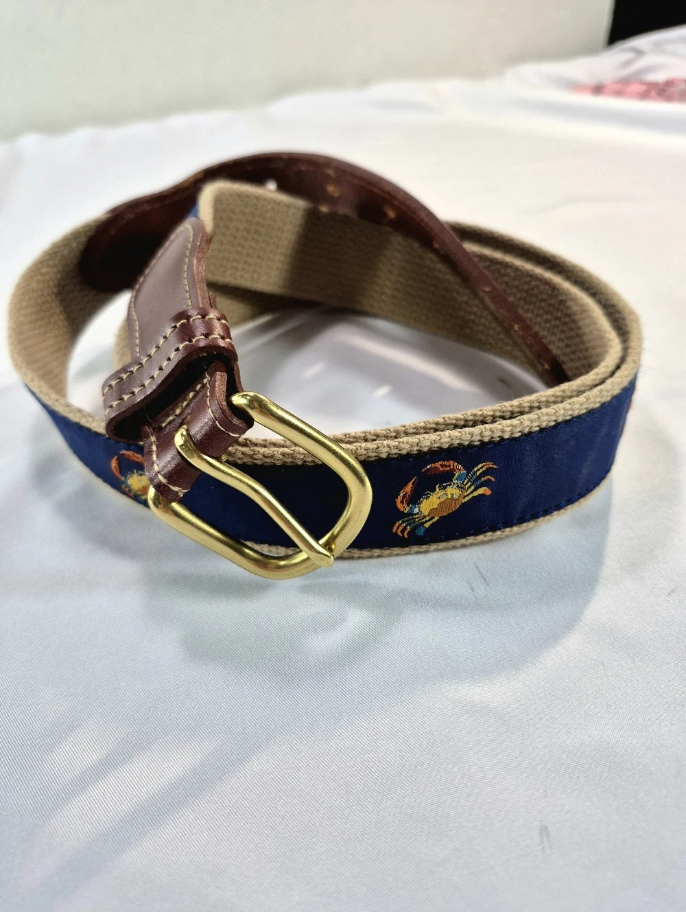 NWOT Leather Man Ltd. Blue Crab Ribbon Belt - Navy/Khaki USA Natical Old Money